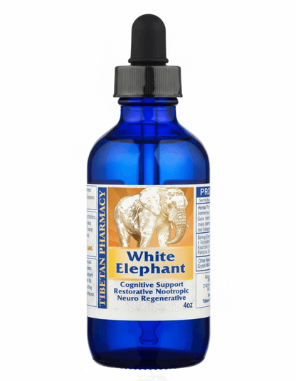 White Elephant - Plant Based Brain Body Botanical Matrix by Tibetan Pharmacy in blue glass bottle, cognitive support for wellness.