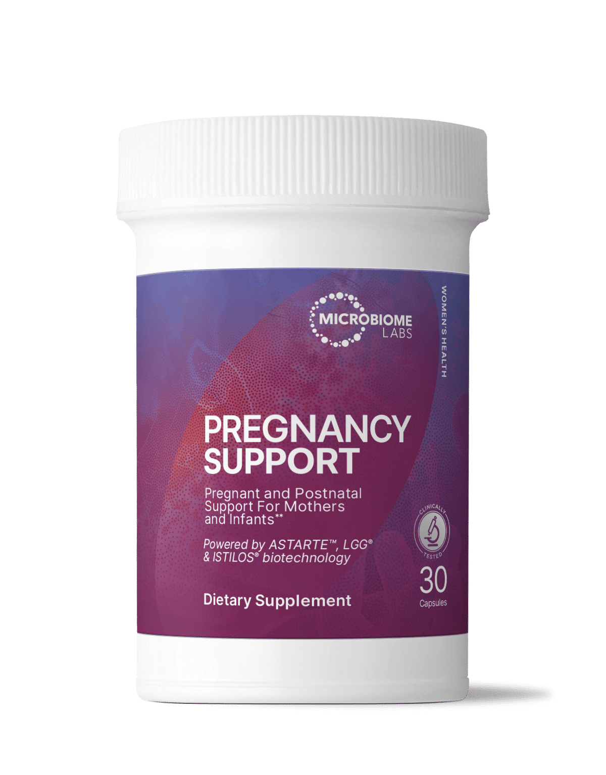 Pregnancy Support probiotic for maternal microbiome in a bottle from Microbiome Labs with 30 capsules.