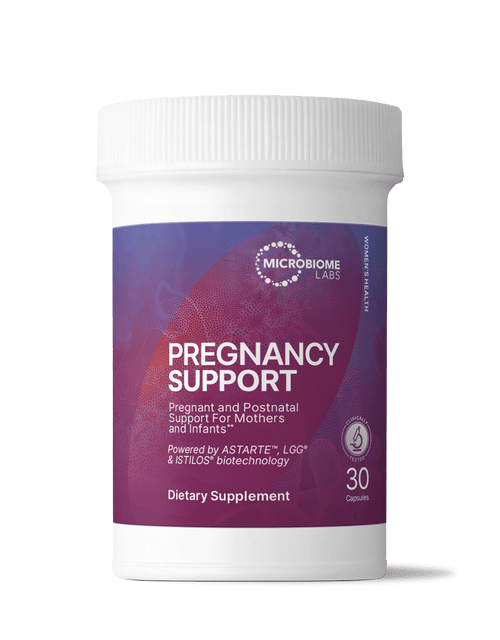 Pregnancy Support probiotic for maternal microbiome in a bottle from Microbiome Labs with 30 capsules.