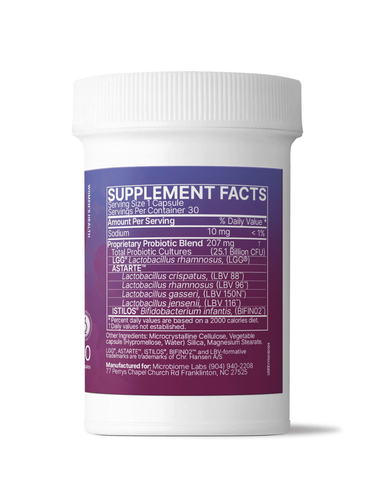 Pregnancy Support probiotic for maternal microbiome supplement container with serving facts highlighted.