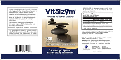 Vitalzym Systemic Enzyme Complex for Inflammatory Balance dietary supplement with liquid enzyme capsules.