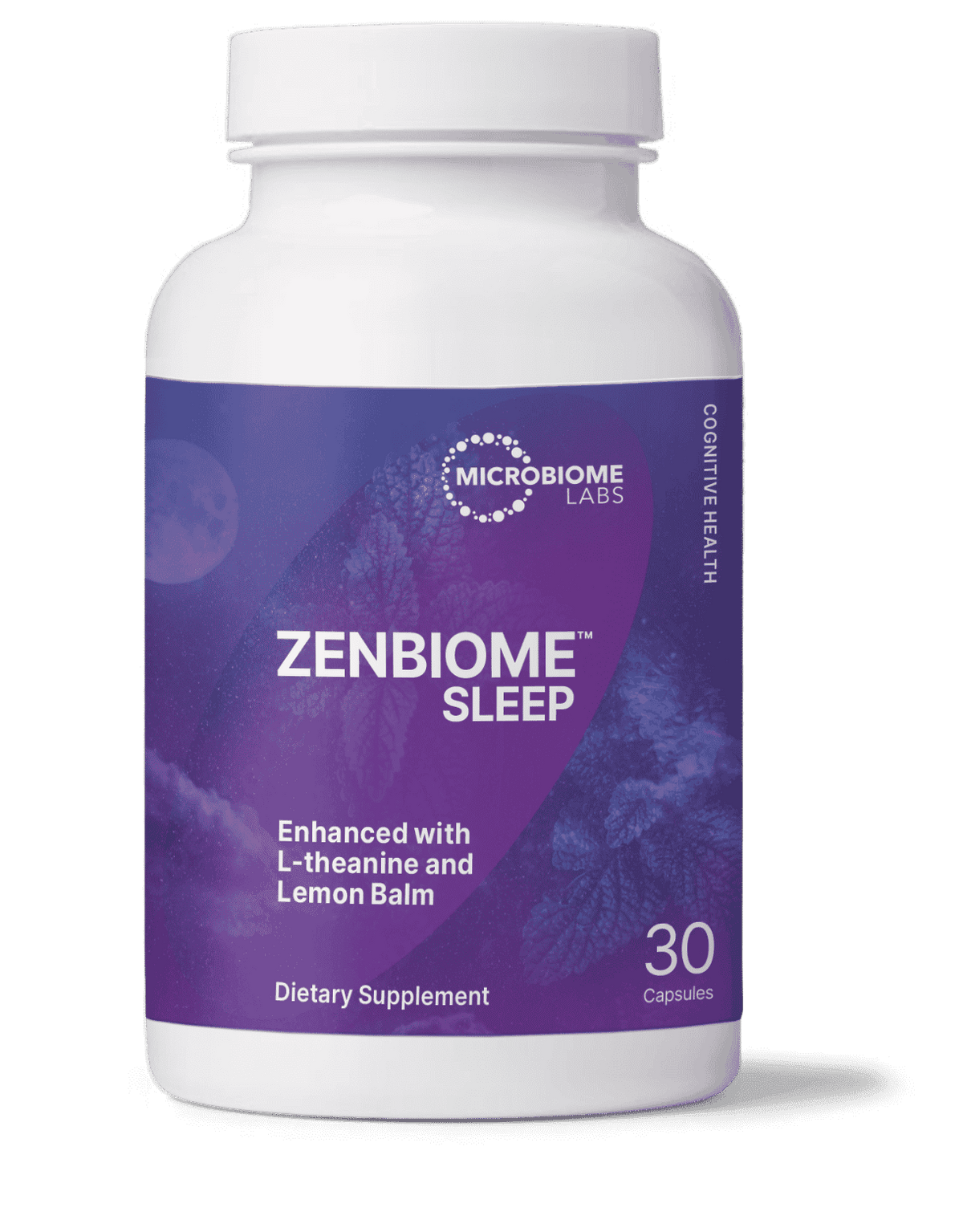 ZenBiome Sleep bottle, a psychobiotic for sleep, enhanced with L-theanine and lemon balm, 30 capsules in dietary supplement.