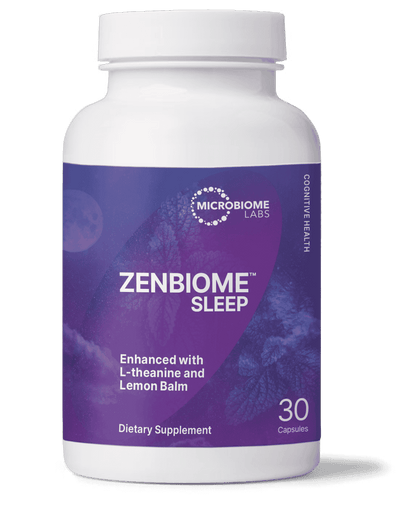 ZenBiome Sleep bottle, a psychobiotic for sleep, enhanced with L-theanine and lemon balm, 30 capsules in dietary supplement.