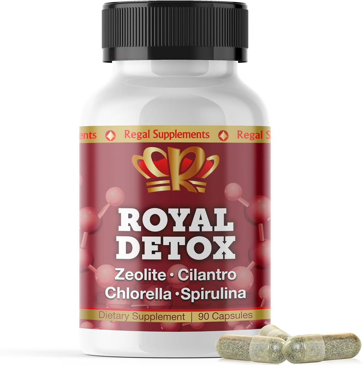 Royal Detox For Heavy Metal and Cellular Cleansing supplement bottle with capsules on a white background.