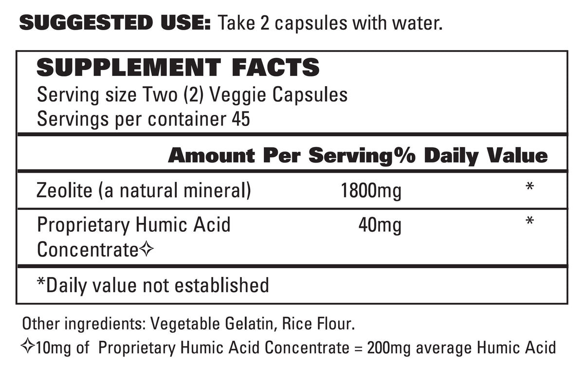 Supplement Facts for Zeolite-AV featuring Zeolite with Humic Acid for Immune and Detox Support.