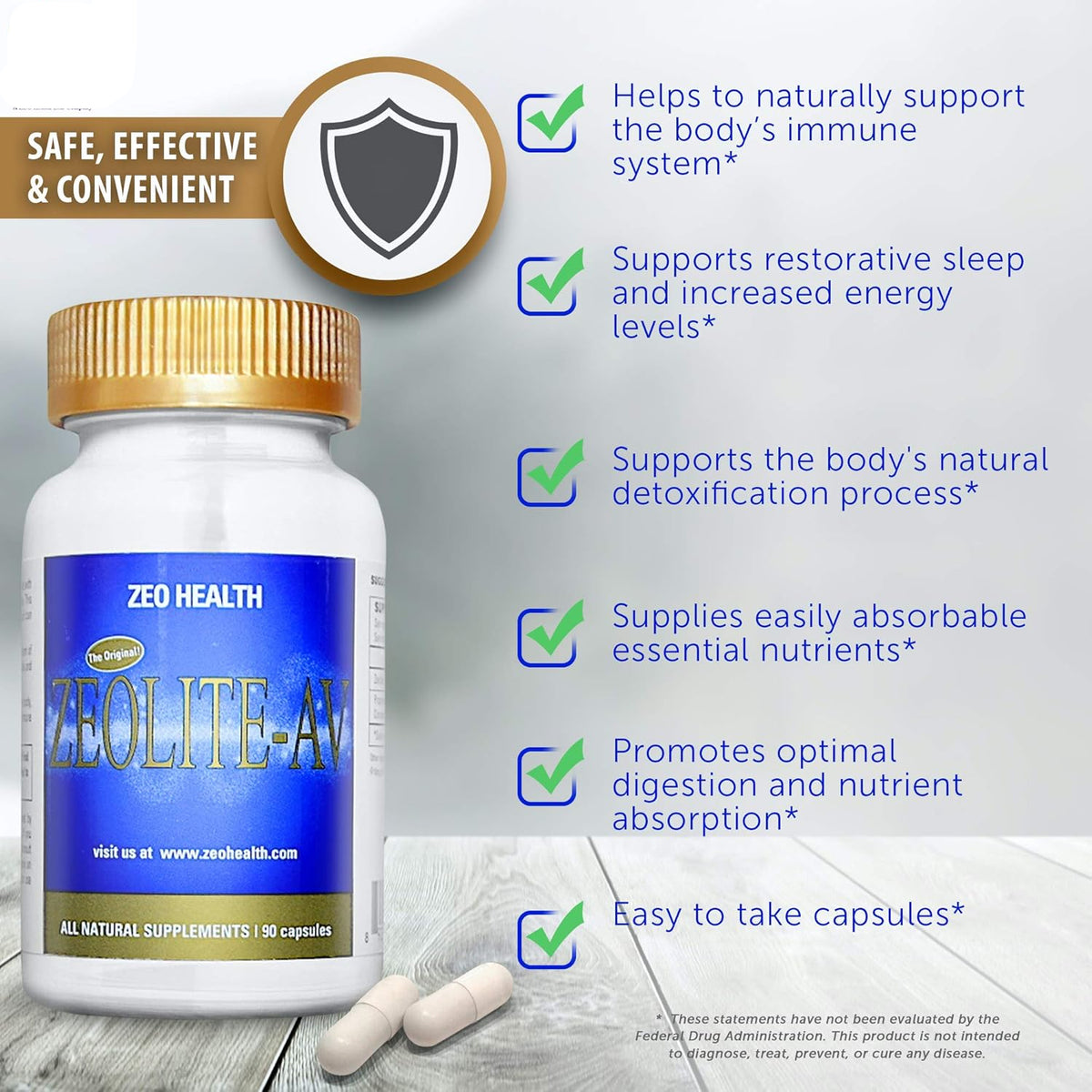 Zeolite with Humic Acid for Immune and Detox Support supplement bottle and capsules with benefits listed.