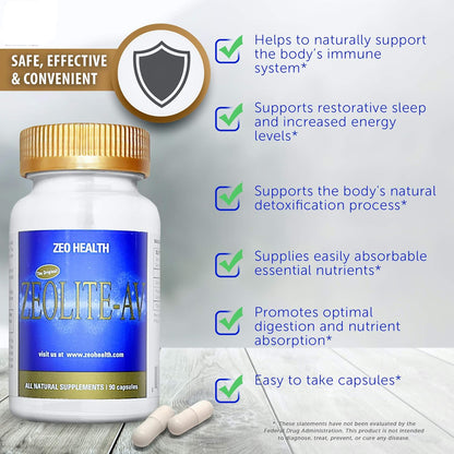 Zeolite with Humic Acid for Immune and Detox Support supplement bottle and capsules with benefits listed.