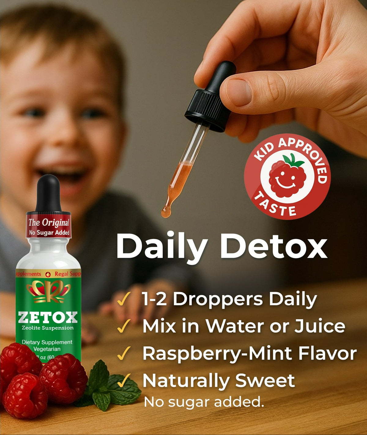 Image of Zetox Liquid Zeolite Detox and Cellular Energy Support bottle with kid enjoying raspberry-mint flavor.