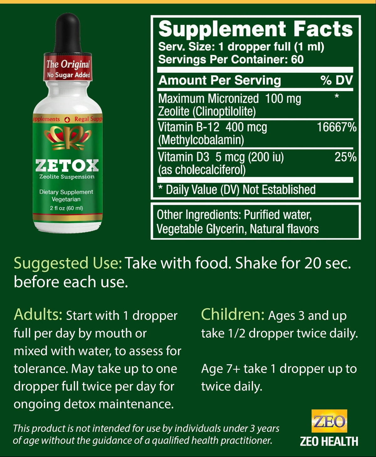 Zetox Liquid Zeolite Detox and Cellular Energy Support supplement facts label with dosage instructions