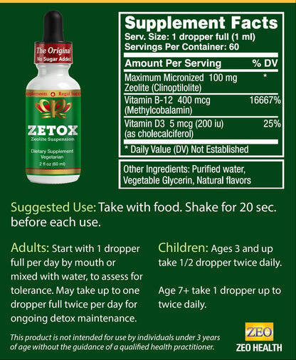 Zetox Liquid Zeolite Detox and Cellular Energy Support supplement facts label with dosage instructions