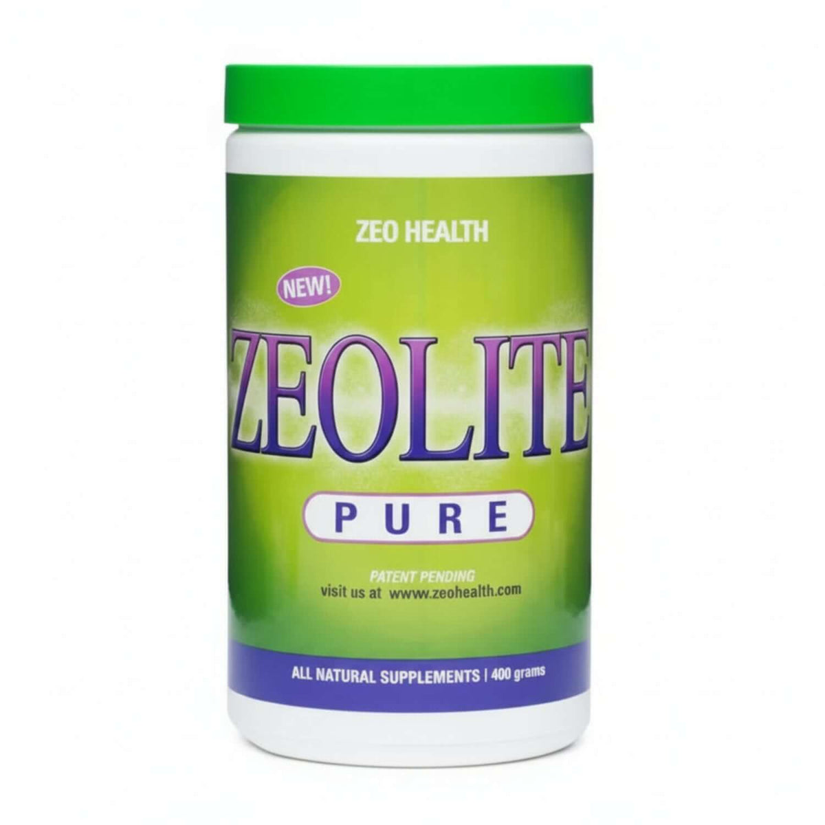 Zeolite supplement container with green and purple label on a white background