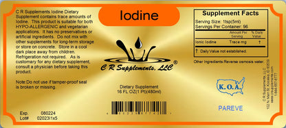 Iodine Ionic Liquid Mineral dietary supplement label showing supplement facts and usage instructions for thyroid support.