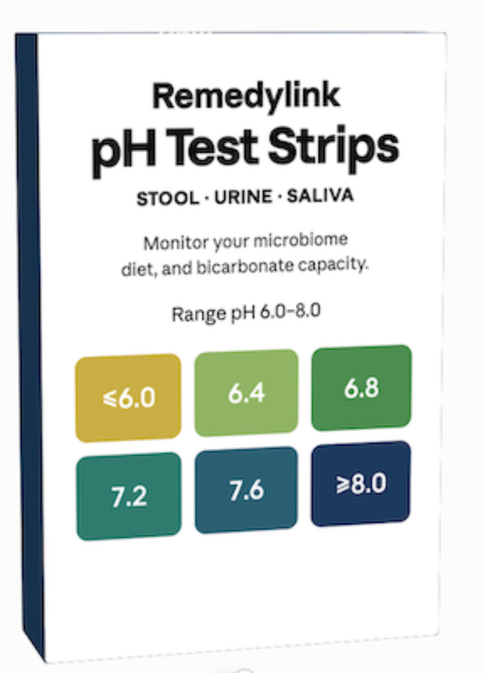 Remedylink pH Test Strips for stool, urine, and saliva monitoring with a pH range of 6.0 to 8.0.