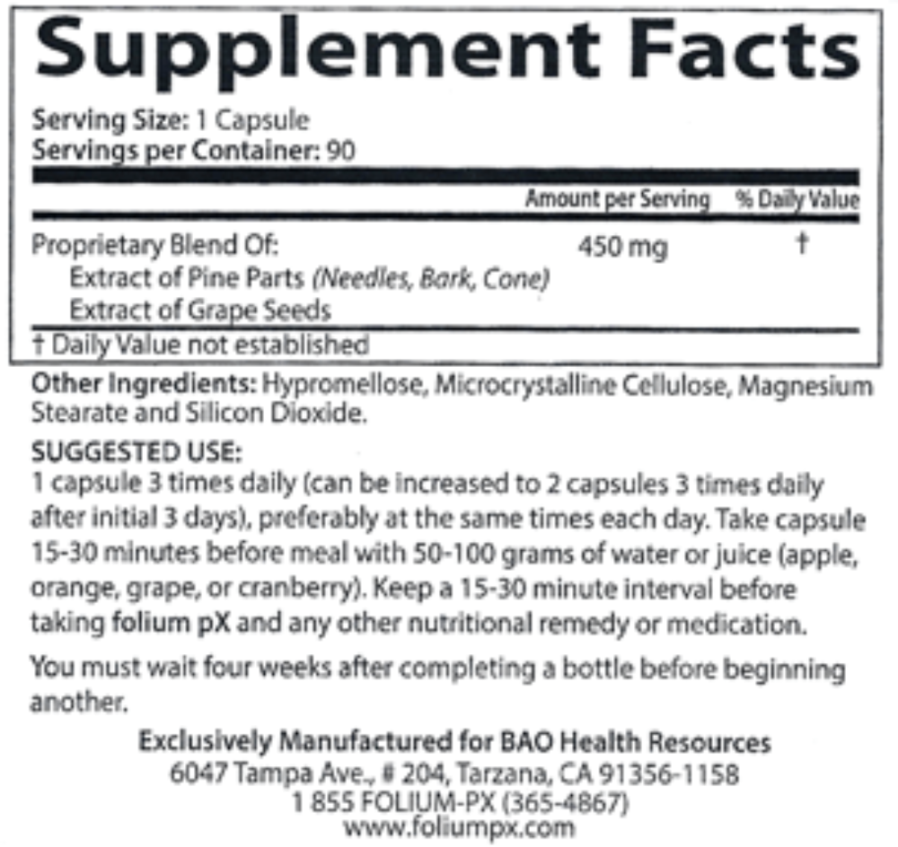 Supplement Facts for pX Super Antioxidant, detailing serving size, ingredients, and usage instructions for detoxification to support immunity.