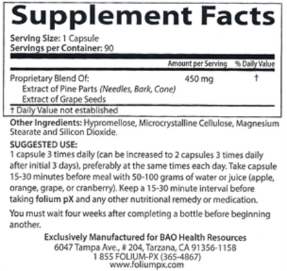 Supplement Facts for pX Super Antioxidant, detailing serving size, ingredients, and usage instructions for detoxification to support immunity.