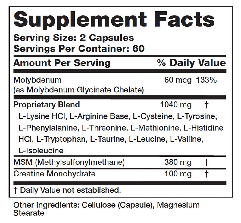 A black-and-white Supplement Facts label showing serving size 2 capsules, 60 servings per container, and listed ingredients including Molybdenum, a proprietary blend, MSM, and Creatine Monohydrate.