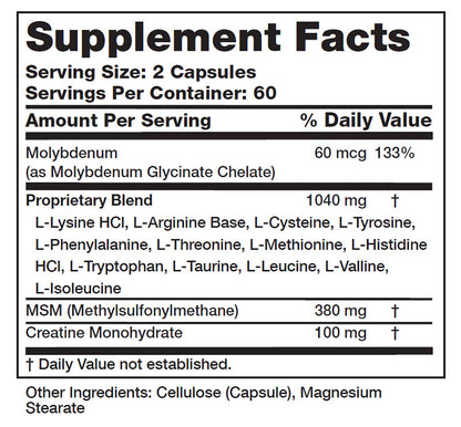 A black-and-white Supplement Facts label showing serving size 2 capsules, 60 servings per container, and listed ingredients including Molybdenum, a proprietary blend, MSM, and Creatine Monohydrate.